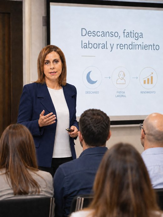Elena López impartiendo una formación sobre descanso, fatiga laboral y rendimiento