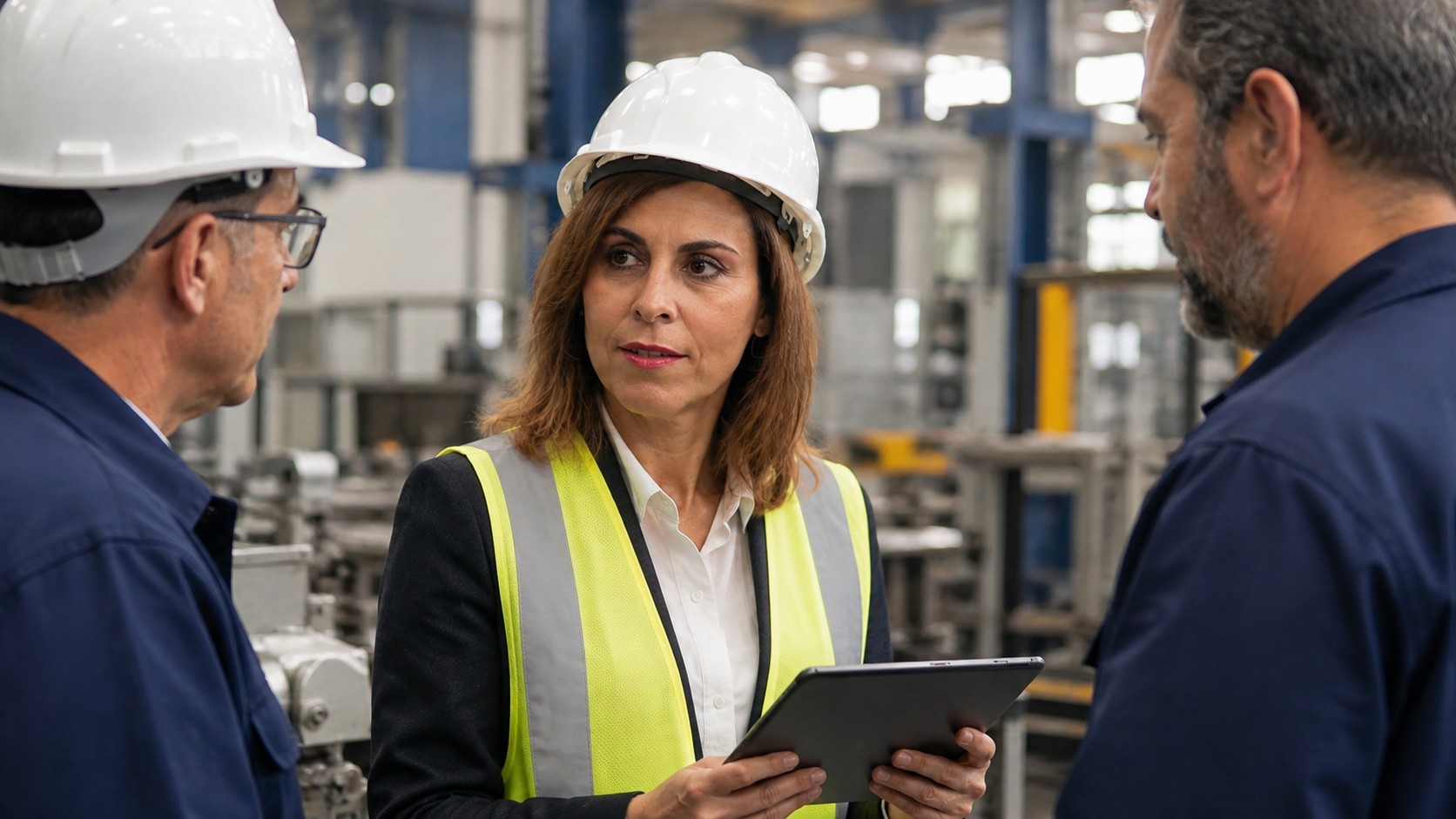 Responsable de seguridad conversando con el equipo en planta